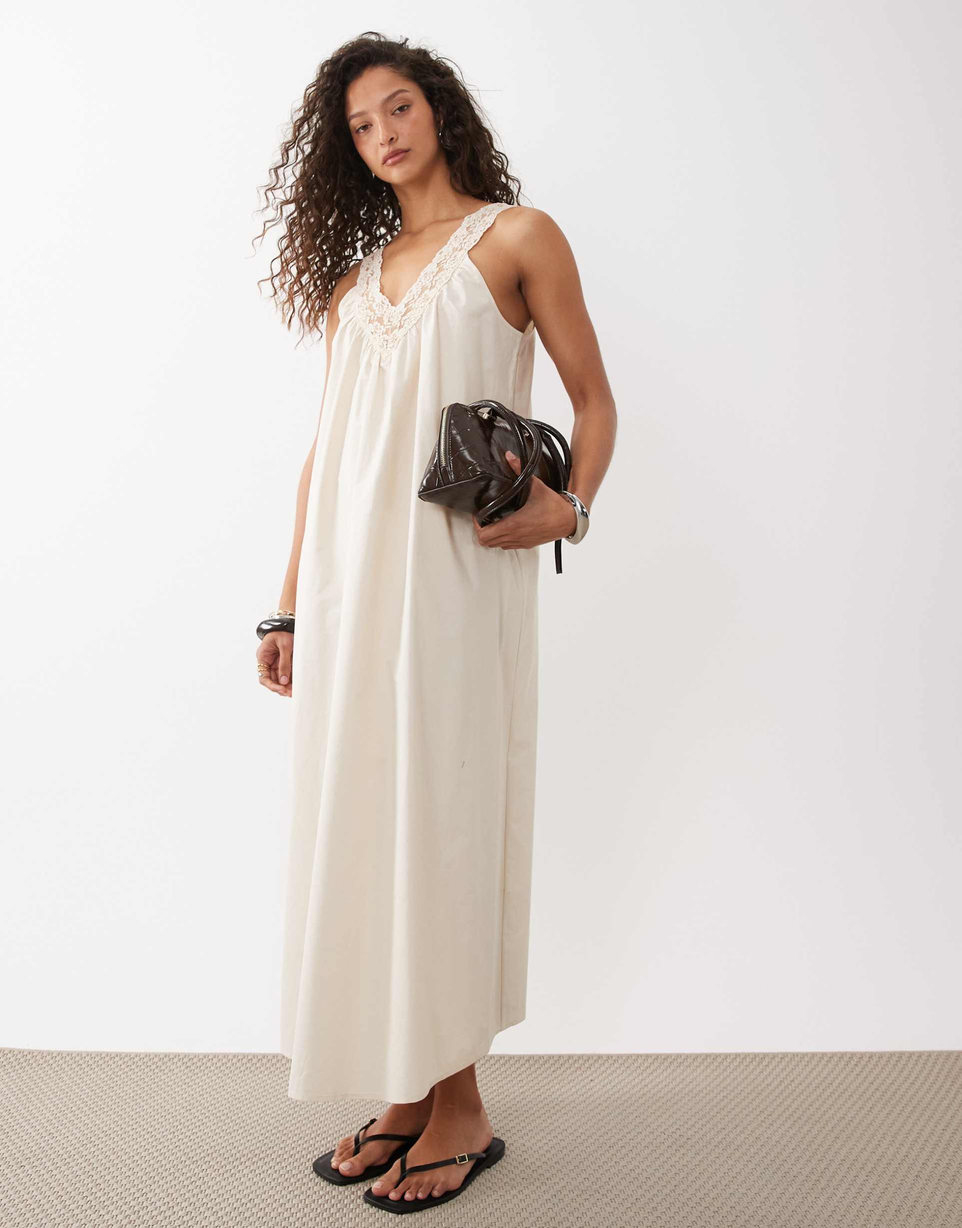 asos design v-neck poplin smock midaxi sundress with lace overlay in bone