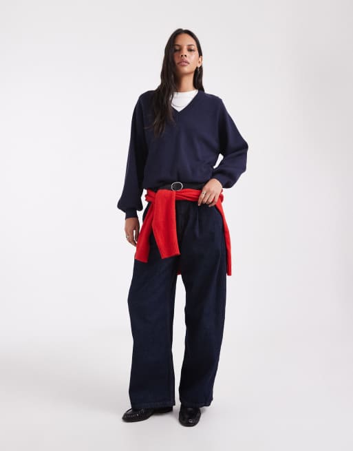 ASOS DESIGN v-neck relaxed fine-gauge knit sweater in navy, 3 of 4
