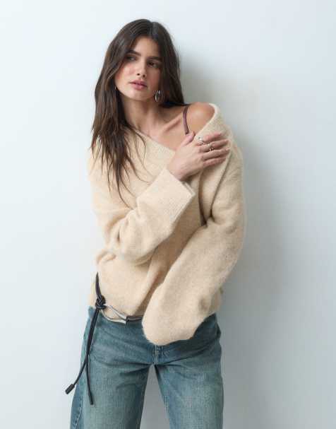 ASOS DESIGN v neck relaxed jumper in latte - view 1