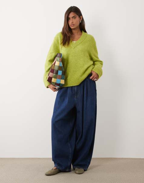 ASOS DESIGN v neck relaxed sweater in green - view 1