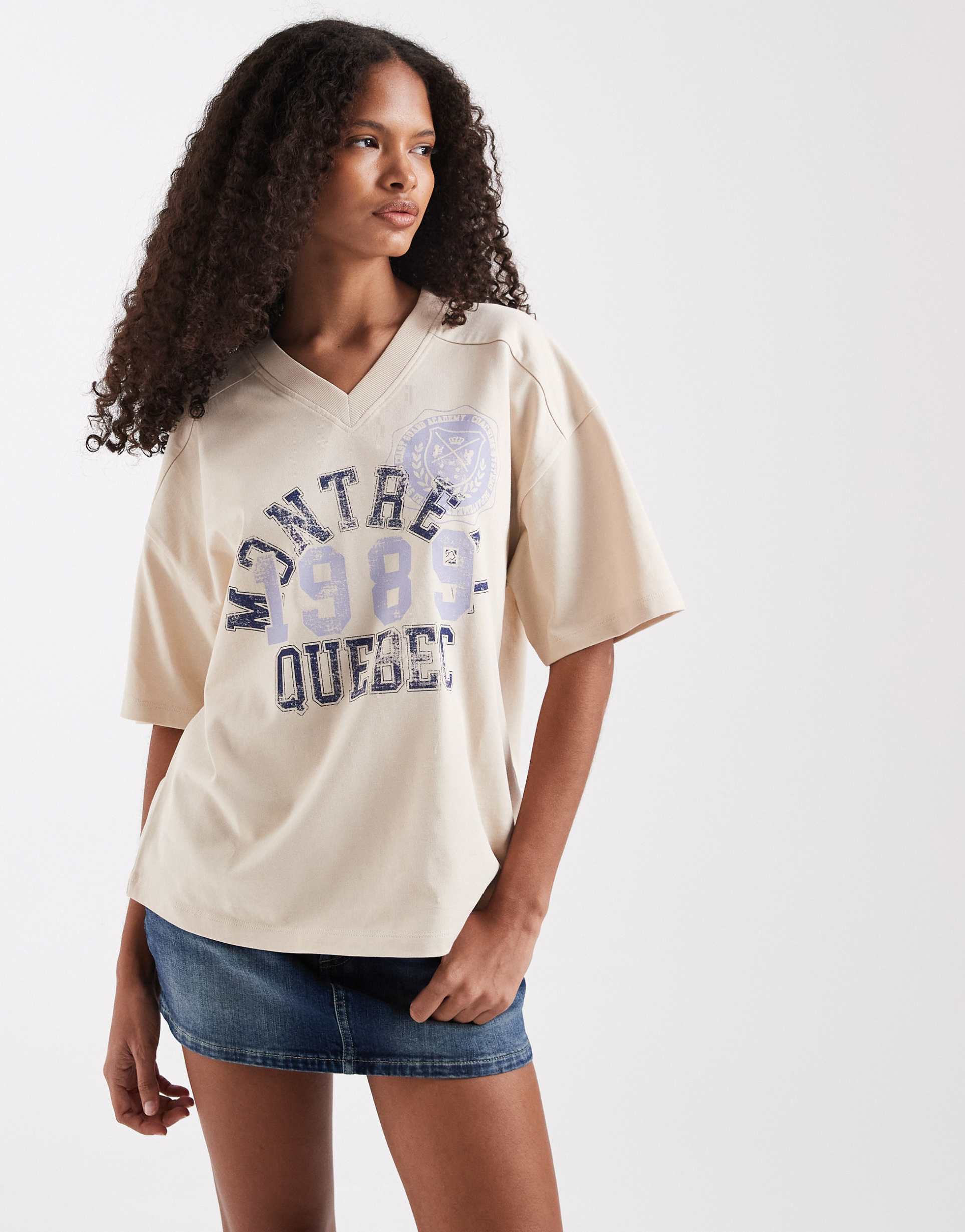 asos design v-neck relaxed tee with montreal sports graphic in stone