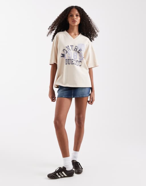 ASOS DESIGN v-neck relaxed tee with Montreal sports graphic in stone, 2 of 4