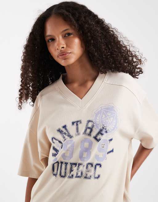 ASOS DESIGN v-neck relaxed tee with Montreal sports graphic in stone, 3 of 4