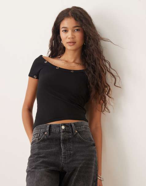 ASOS DESIGN v neck rib long sleeve top with ring stud detail in black - view 1