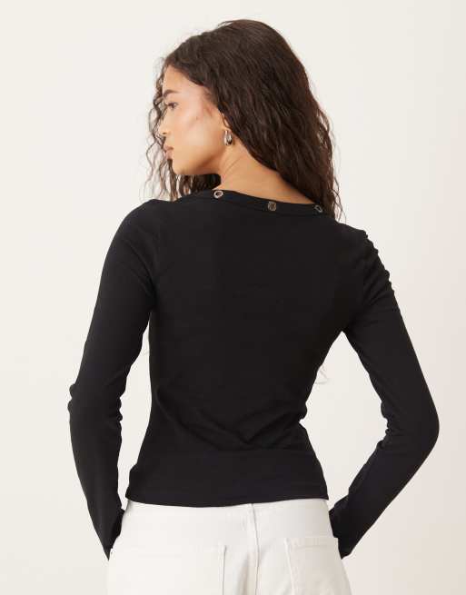 ASOS DESIGN v neck rib long sleeve top with ring stud detail in