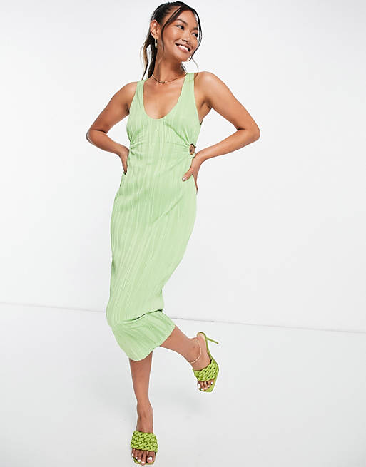  V Neck ring cut out ribble texture midi dress in green 