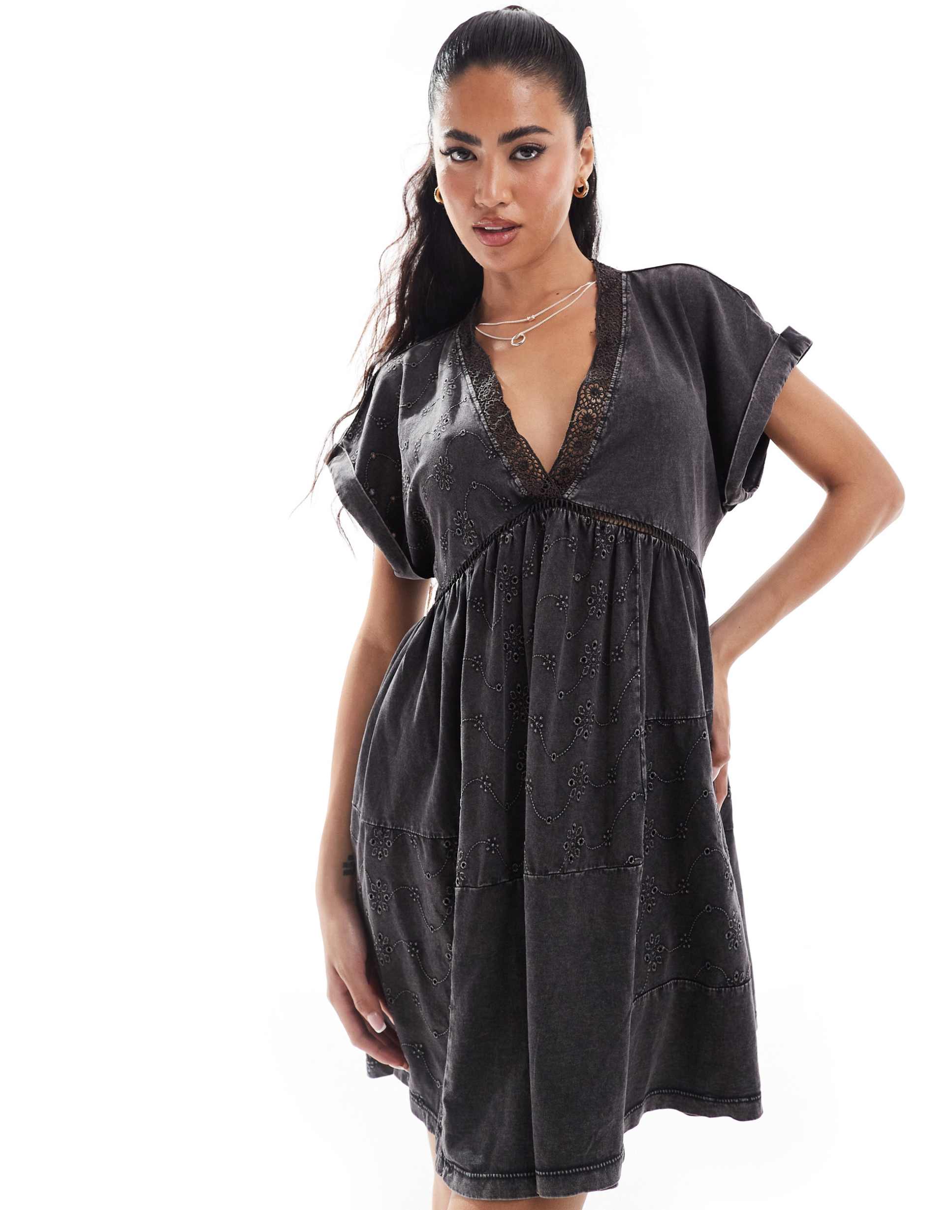 asos design v neck rolled up short sleeve mini dress with embroidery in charcoal wash