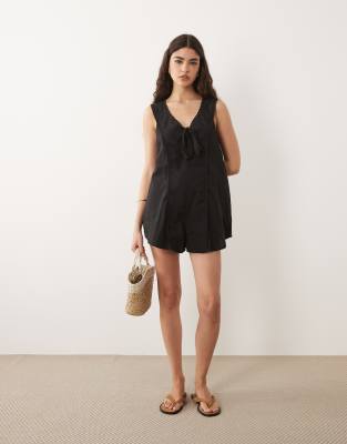 Asos Design V-neck Romper With Lace Trim In Black
