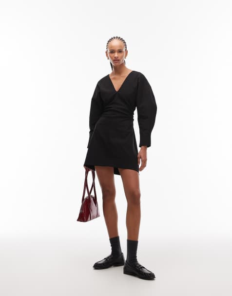 ASOS DESIGN v neck ruched bengaline mini dress in black - view 1