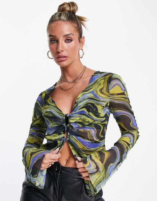 ASOS DESIGN v neck ruched blouse in marble print
