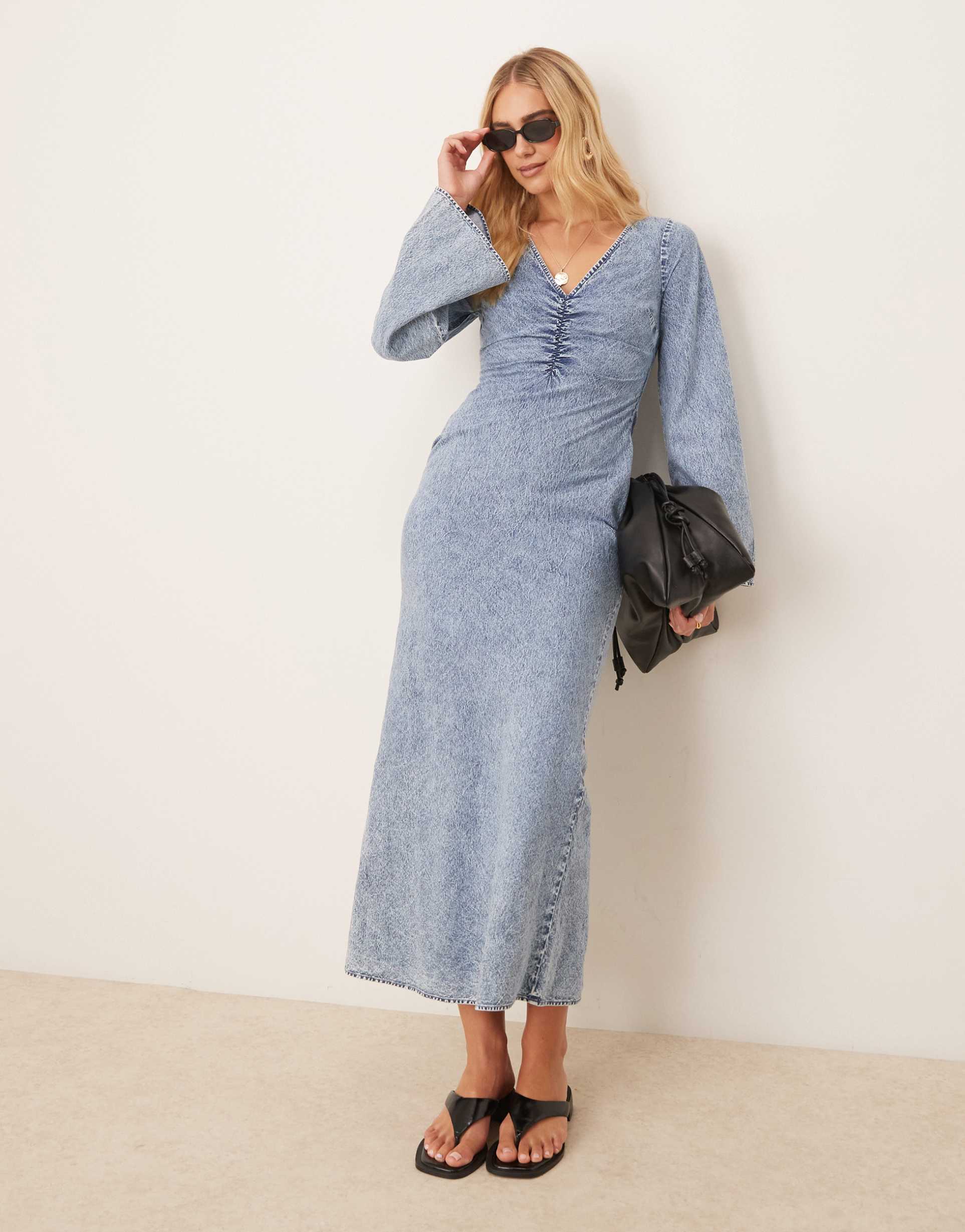 asos design v neck ruched bust maxi dress with flared sleeves in denim wash blue