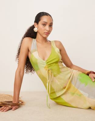 Asos Design V Neck Ruched Tie Front Midi Dress In Multi
