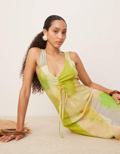ASOS DESIGN v neck ruched tie front midi dress in green blur ASOS