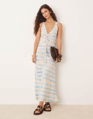 Asos Design V Neck Ruched Tie Midi Dress In Multi