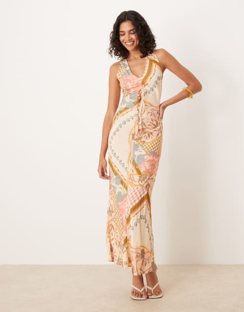 ASOS DESIGN v neck ruched tie midi dress in floral postcard print - view 1