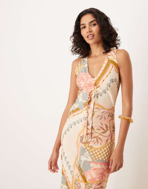 ASOS DESIGN v neck ruched tie midi dress in floral postcard print, 3 of 4