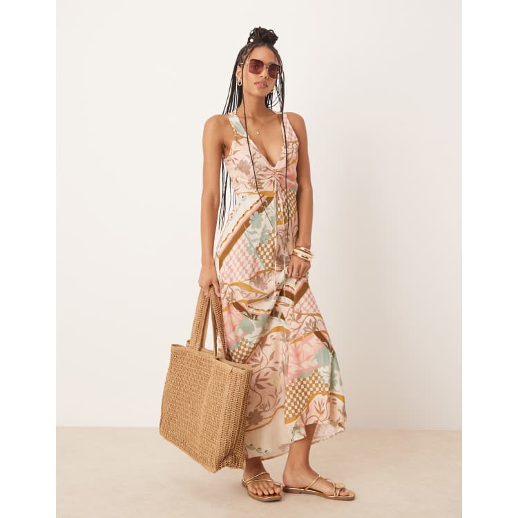 strapless open back dress Rent ASOS DESIGN Flutter Sleeve Tie Back Midi Tea Dress In Mixed Metallic  Floral