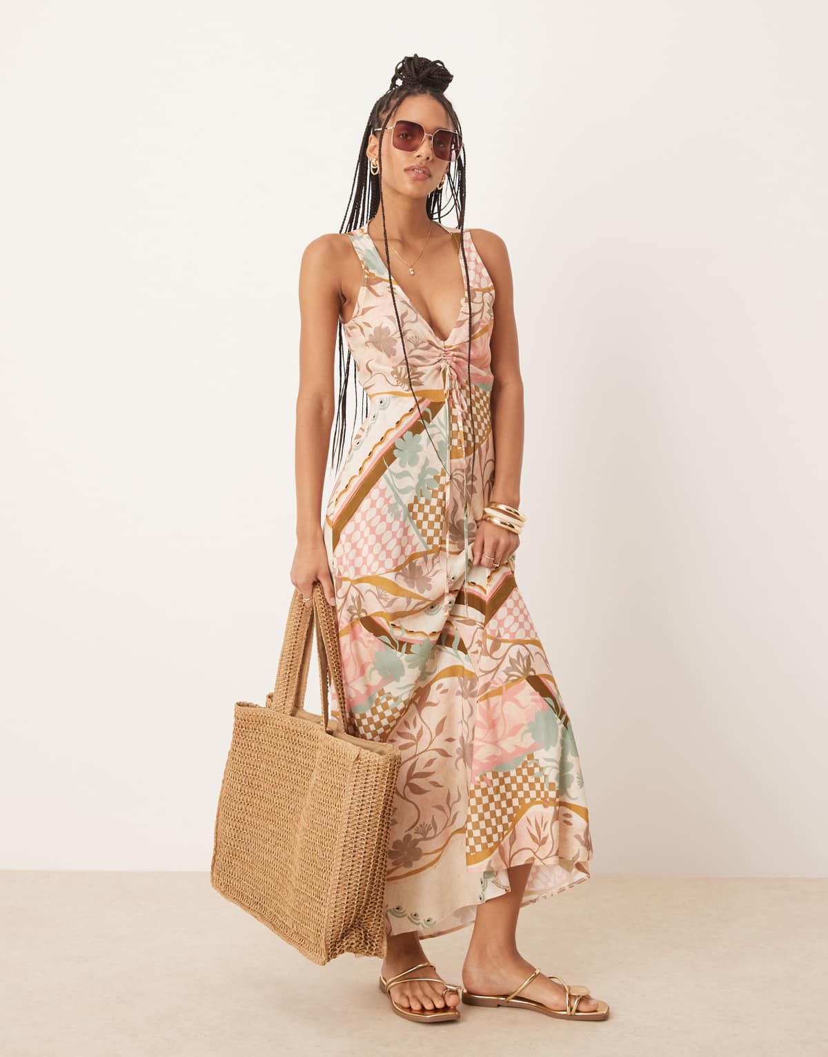 ASOS DESIGN v neck ruched tie midi dress in pink floral abstract print