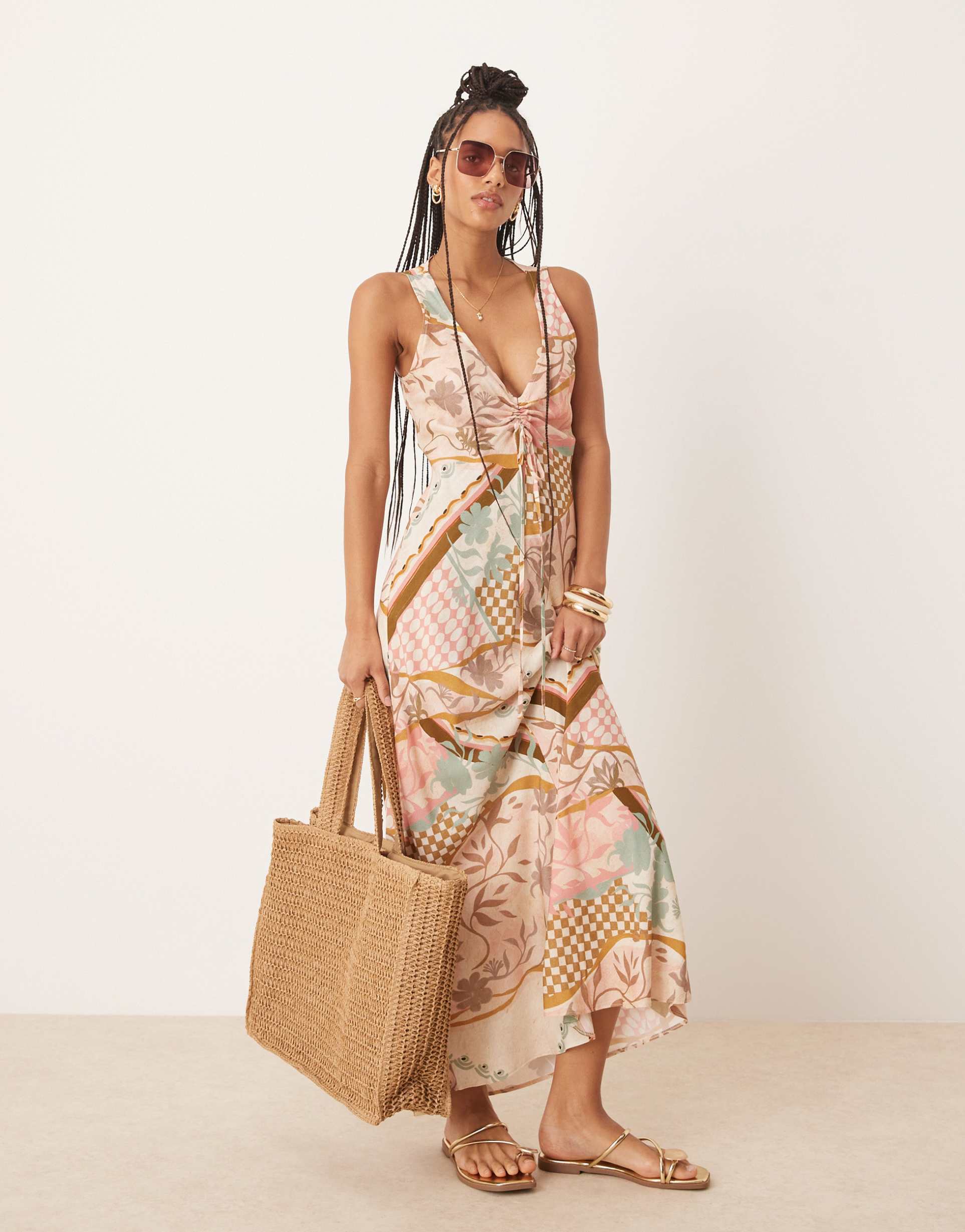 asos design v neck ruched tie midi dress in pink floral abstract print