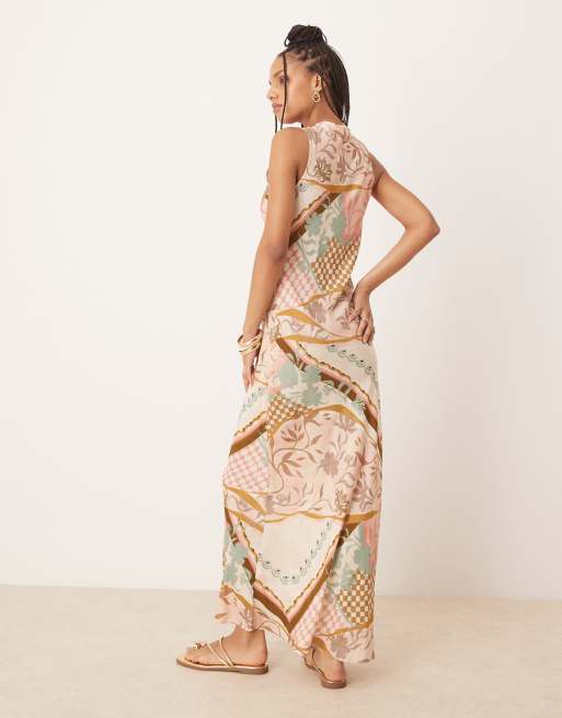 ASOS DESIGN v neck ruched tie midi dress in pink floral abstract print, 4 of 4