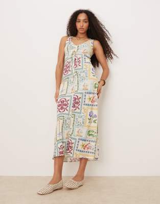 v neck ruched tie midi dress in postcard print-Multi