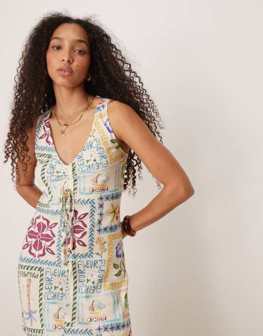 ASOS DESIGN v neck ruched tie midi dress in postcard print