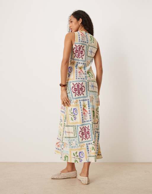 ASOS DESIGN v neck ruched tie midi dress in postcard print