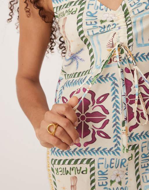 ASOS DESIGN v neck ruched tie midi dress in postcard print