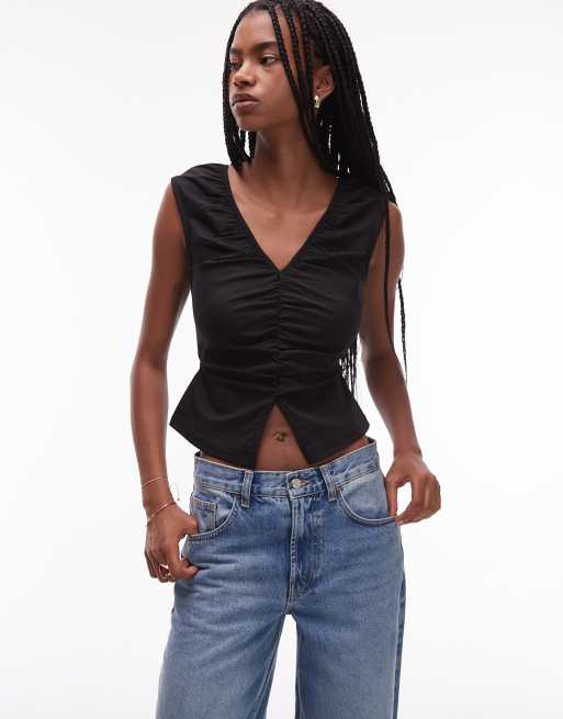 ASOS DESIGN V-neck ruched top with tie back in black