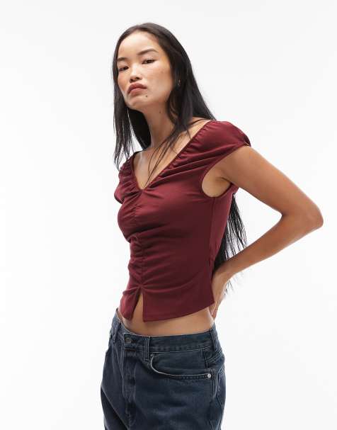 ASOS DESIGN v-neck ruched top with tie back in burgundy - view 1