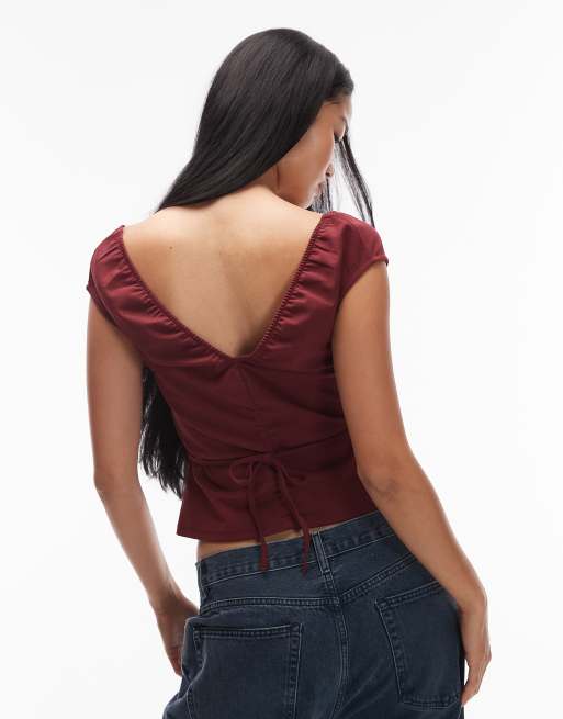 ASOS DESIGN V-neck ruched top with tie back in burgundy, 2 of 4