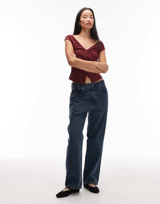 ASOS DESIGN V-neck ruched top with tie back in burgundy, 4 of 4