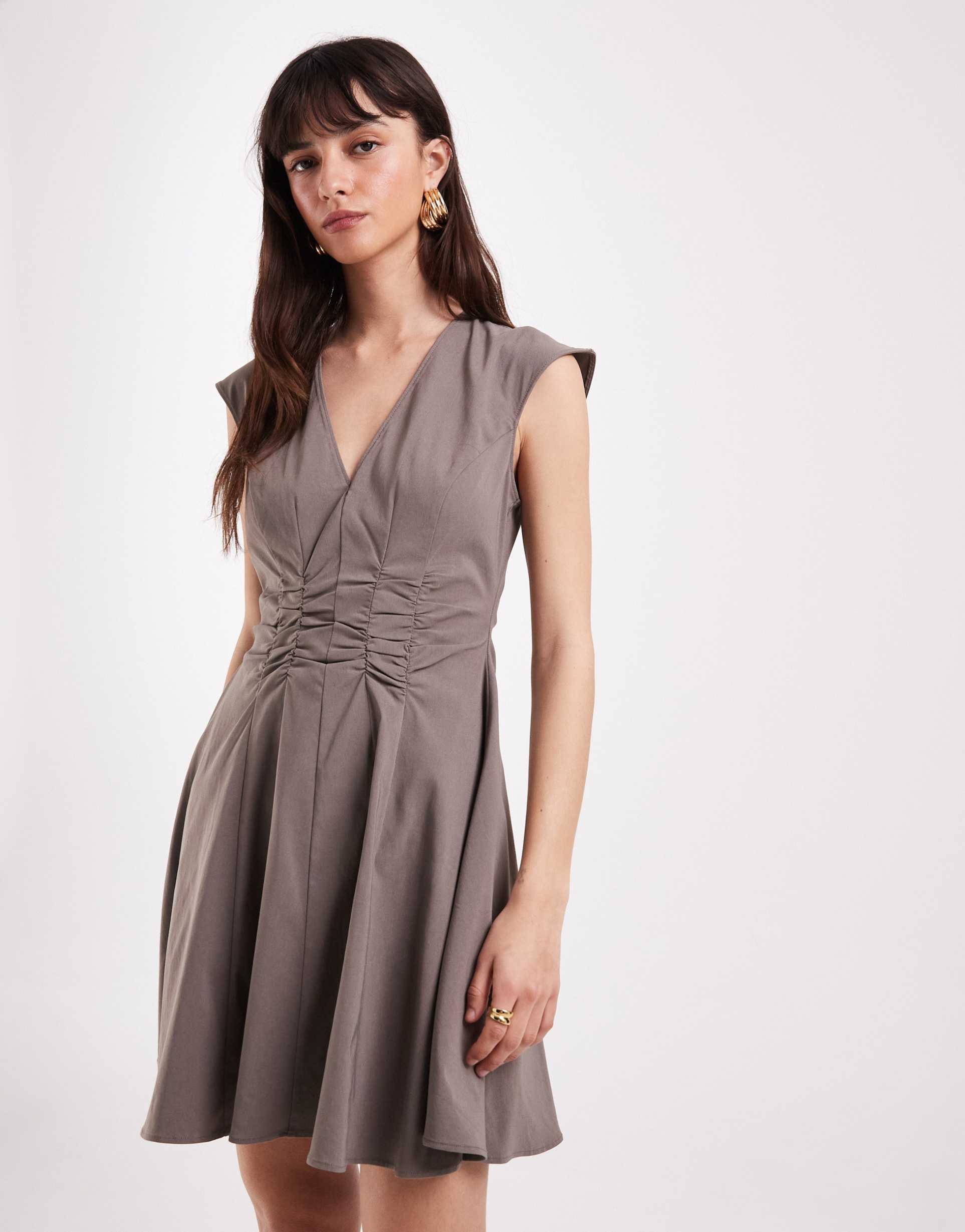 asos design v-neck ruched waist bengaline mini dress in taupe