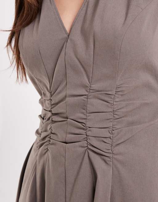 ASOS DESIGN v neck ruched waist bengaline mini dress in taupe, 3 of 4