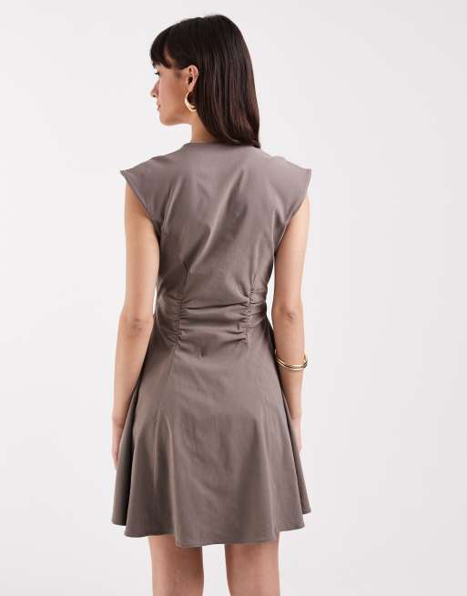 ASOS DESIGN v neck ruched waist bengaline mini dress in taupe, 4 of 4