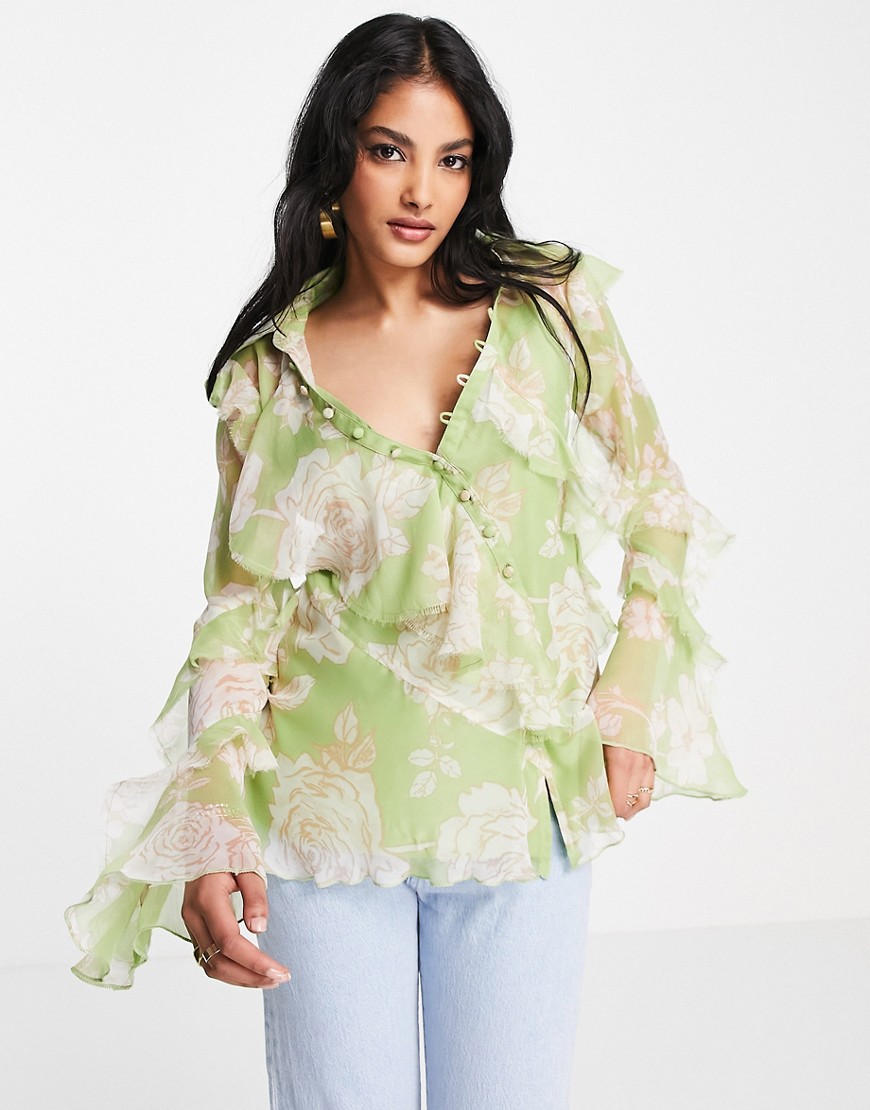 ASOS DESIGN v neck ruffle blouse with frill detail and button edge in green floral print-Multi