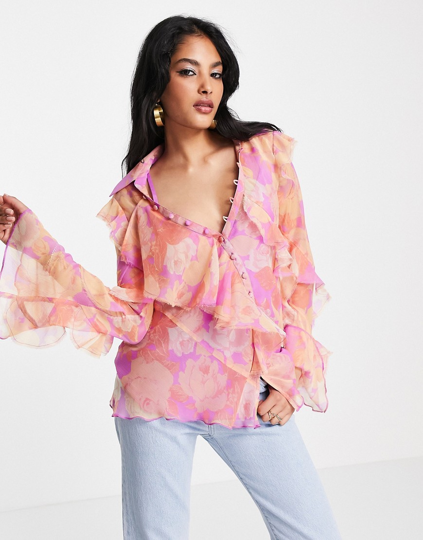 Asos Design V Neck Ruffle Blouse With Frill Detail And Button Edge In Pink Pastel Floral Print-multi
