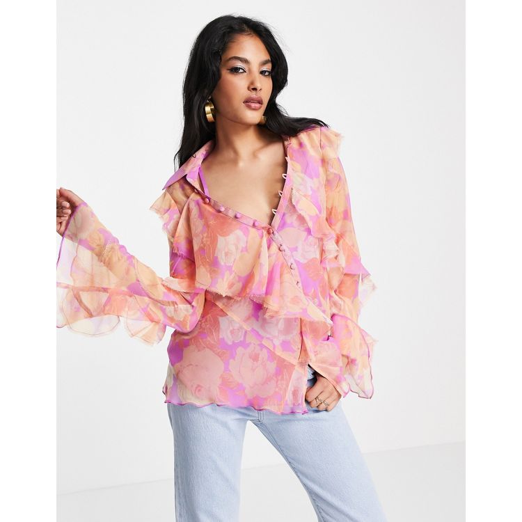 ASOS DESIGN long sleeve sheer blouse with ruffle frill detail and