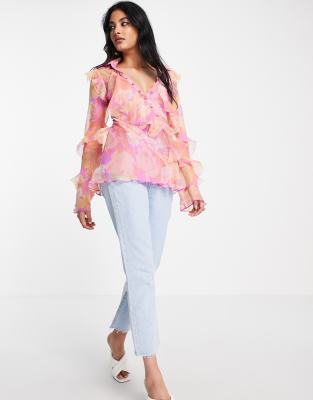 ASOS DESIGN v neck ruffle blouse with frill detail and