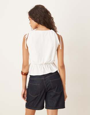 Asos Design V-neck Ruffle Hem Top-no Color In White