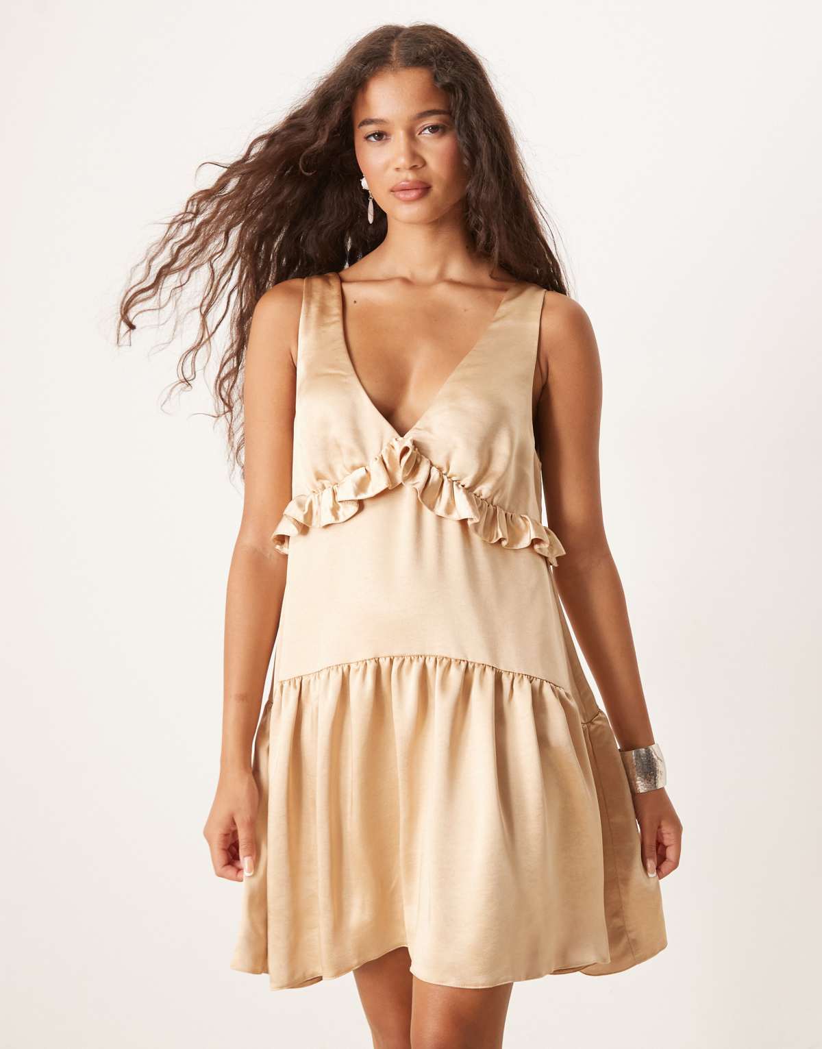 ASOS DESIGN v-neck ruffle mini smock dress in champagne