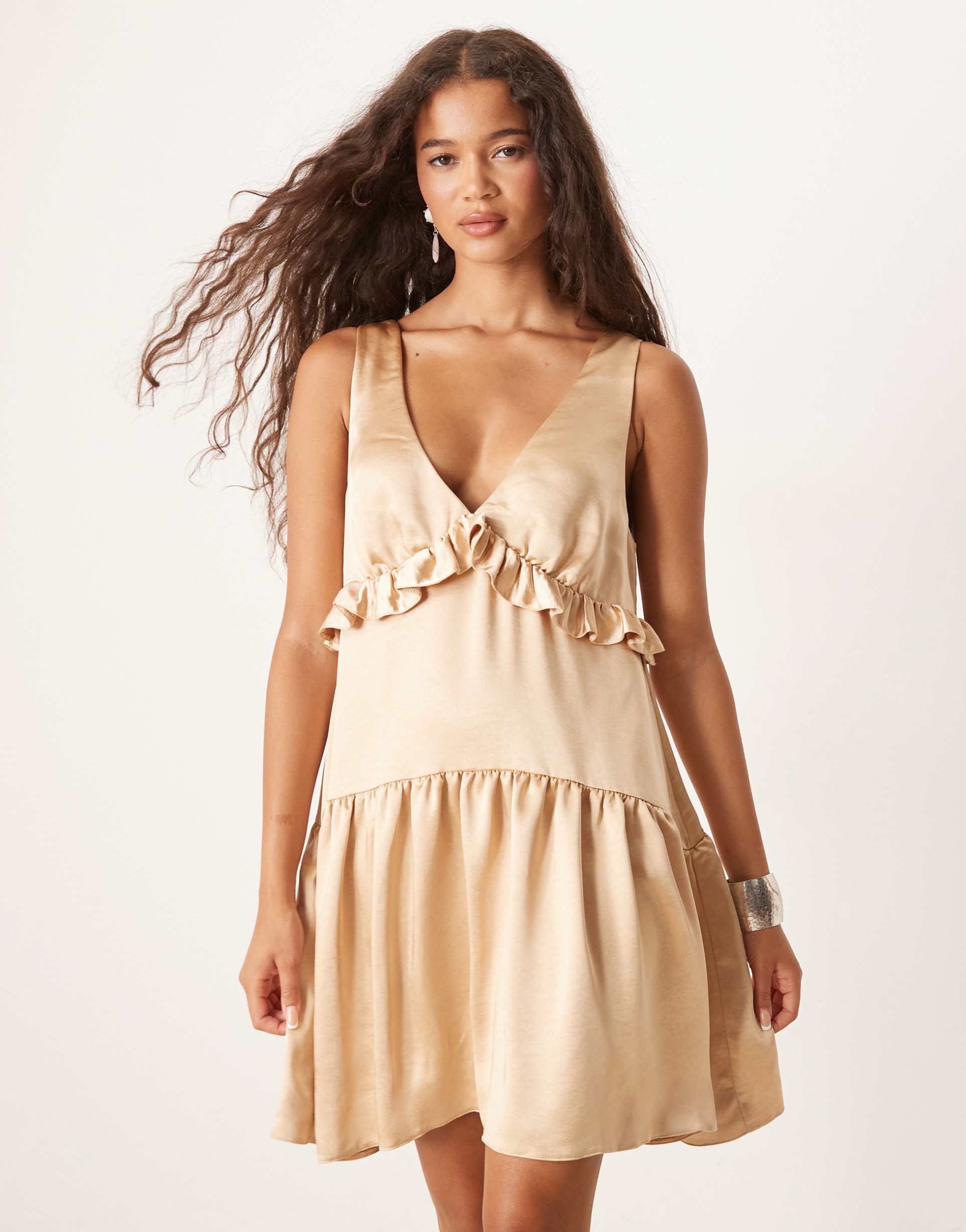 asos design v-neck ruffle mini smock dress in champagne