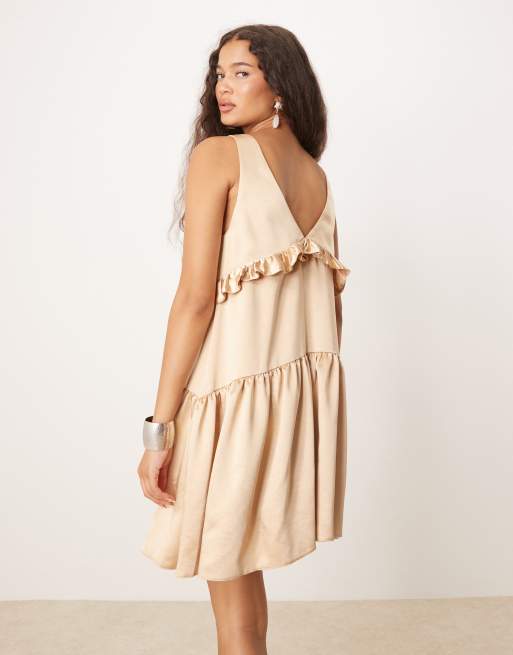 ASOS DESIGN V-neck ruffle mini smock dress in champagne
