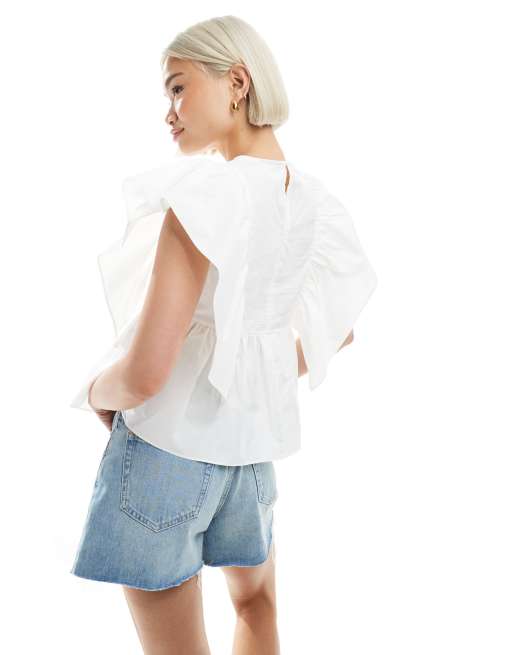 ASOS DESIGN V-neck ruffle sleeve peplum top in white