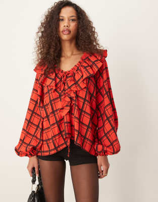 ASOS DESIGN V neck ruffle top in red check-Multi