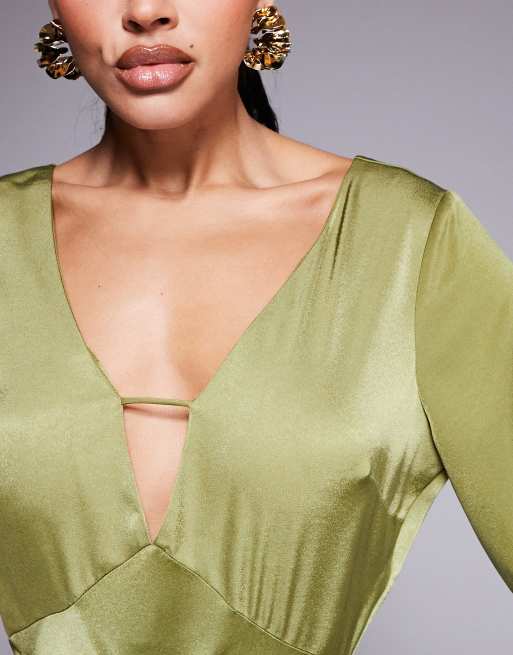 ASOS DESIGN v neck satin blouson sleeve maxi dress in olive green