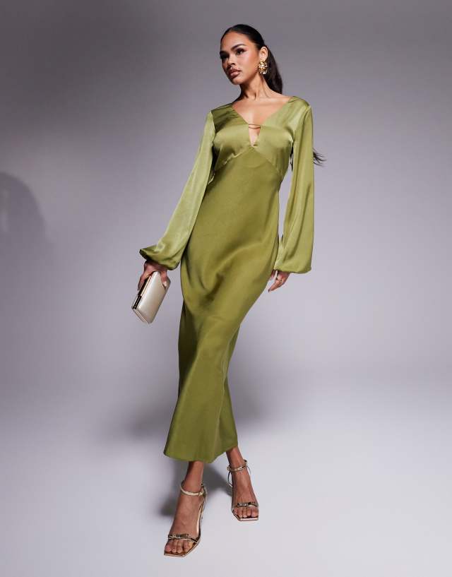 asos edition blouson one shoulder dress in satin ASOS DESIGN one shoulder blouson maxi dress with cut out waist in lime  green