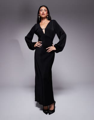 v neck satin blouson sleeve midaxi dress in black