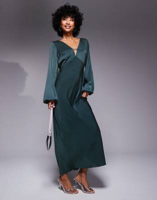 ASOS DESIGN v neck satin blouson sleeve midaxi dress in dark teal