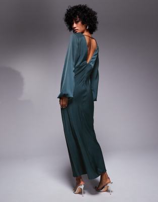 ASOS DESIGN v neck satin blouson sleeve midaxi dress in dark teal